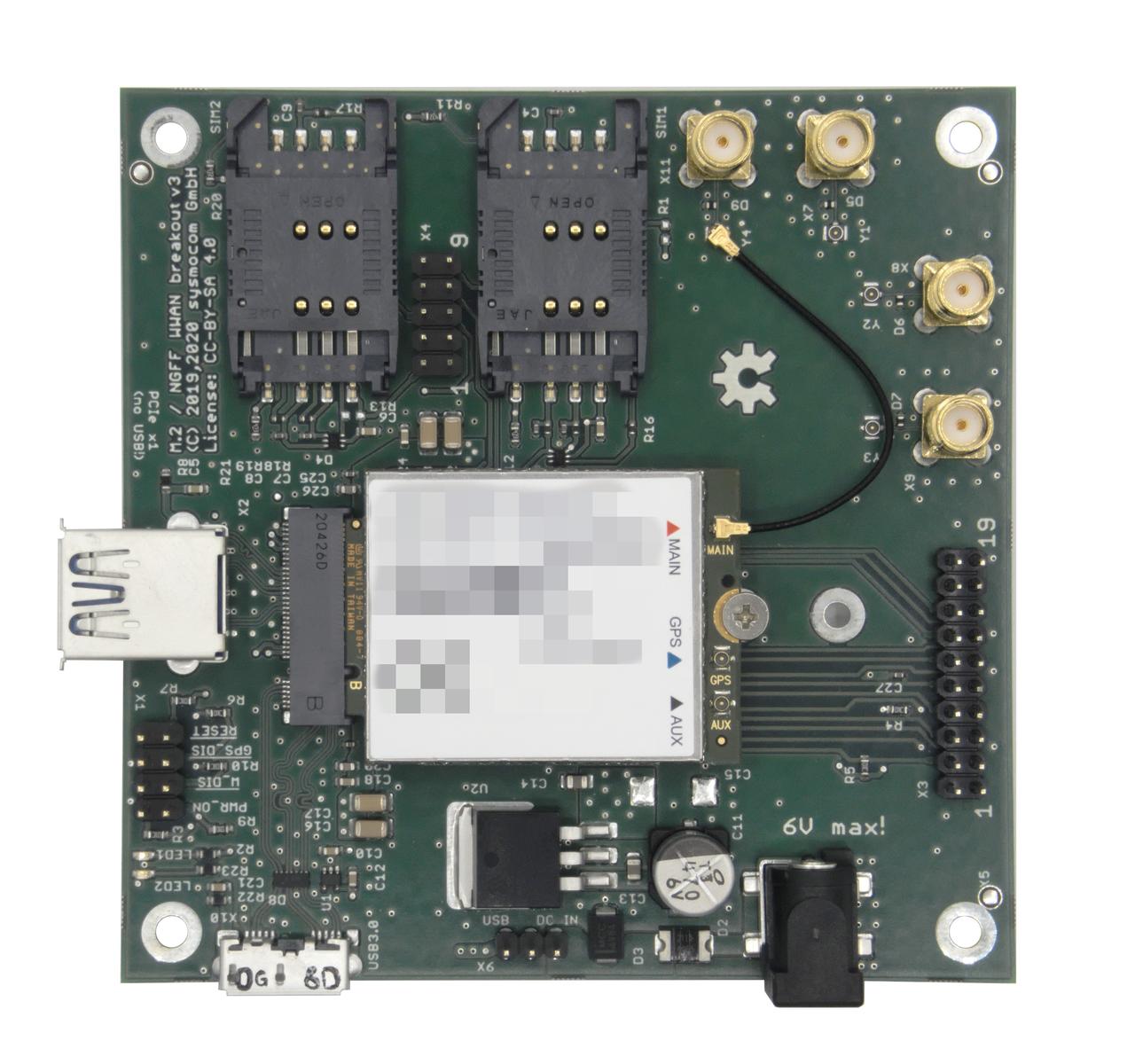 M.2 board with momdem, SIM and RF cables assembled